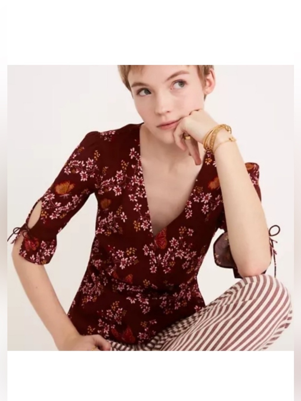 Madewell burgundy Floral Butterfly Sanctuary Wrap Top, tie sleeve, peplum 4